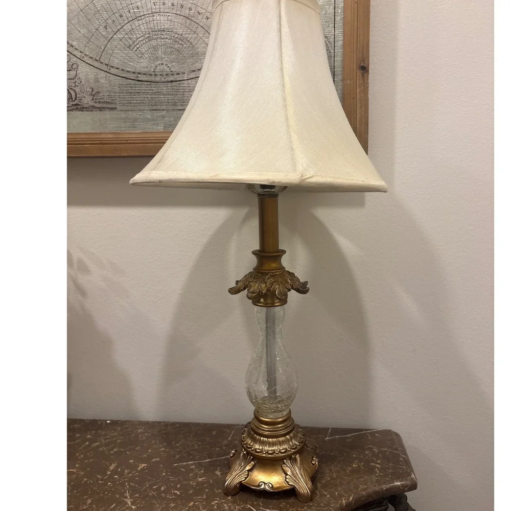 Vintage Gold Ornate Table Lamp with Crackle Glass Urn Body